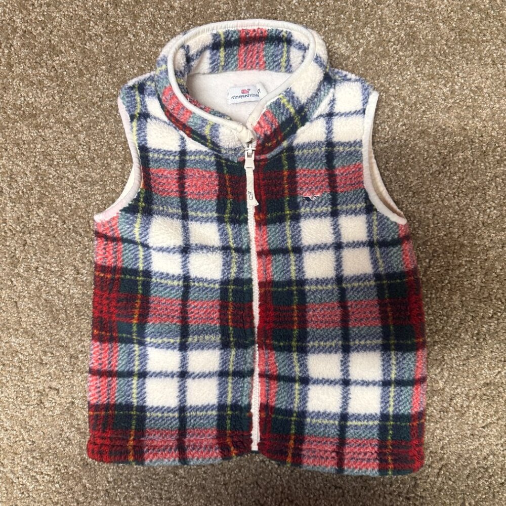 Vineyard Vines Fleece Vest Kids 4T Multicolor Plaid Soft Cozy Whale Logo Zip Up